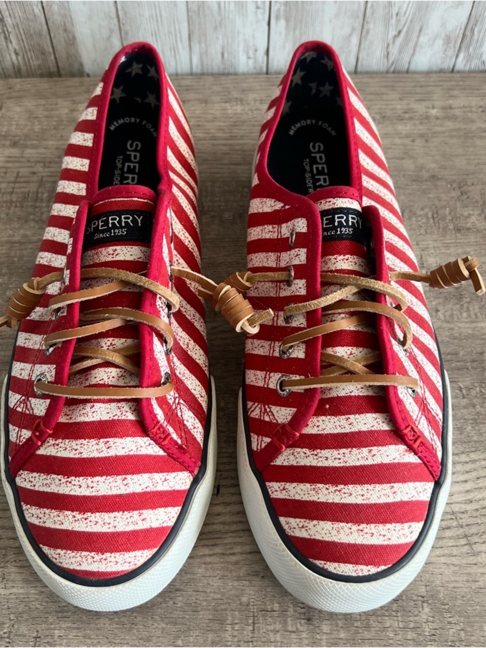 Sperry Red White Striped Canvas Patriotic Americana Preppy Coastal Boat Shoes  8